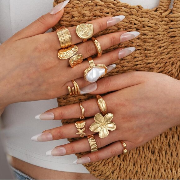 Women's Non Tarnish Statement Flower Ring12 PCS Chunky Gold Rings Big Knuckle - Picture 5 of 6